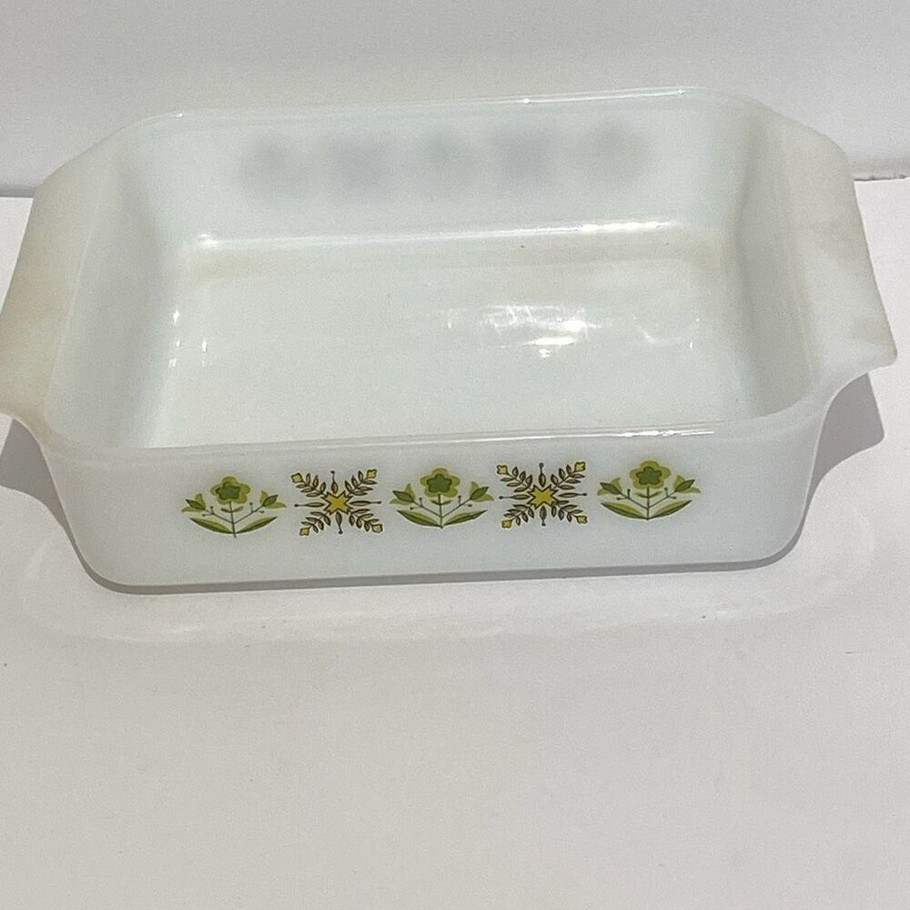 Anchor Hocking White Green Meadows Fire King Rectangular Baking Dish